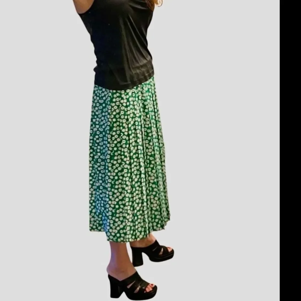 Vtg 90s Andrea Gayle Green Pleated Black White Floral Maxi Skirt 14.5” 12 M L